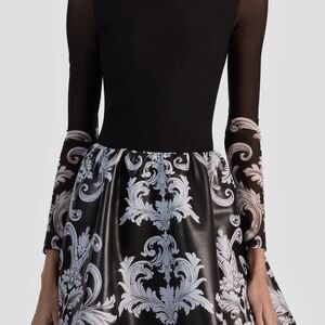 Alice + Olivia Black & White Tapestry Print Long Sleeve Faux Leather Dress